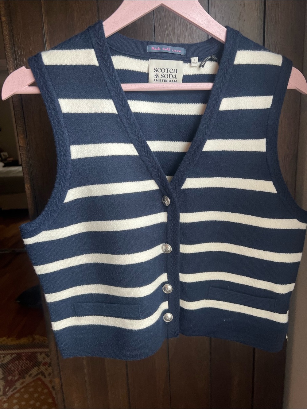 Scotch & Soda Navy and White Striped V‑Neck Knit Vest